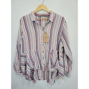 True‎ Craft Striped Button Up Shirt Womens Plus Size 2X Frayed Hem Casual Boho